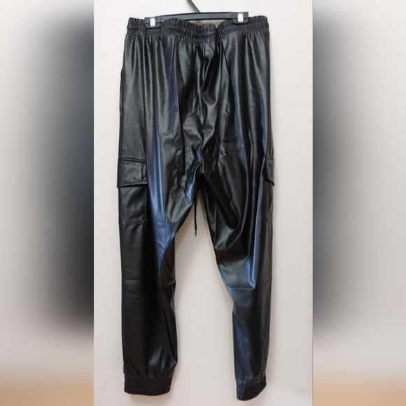 Black Faux Leather Cargo Joggers-Pants - Picture 7 of 9